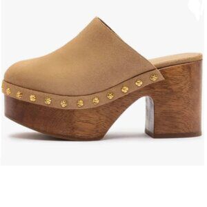 Sandy Brown Round Toe Studded Platform Mule Slip on Cork Chunky High Heel Clogs